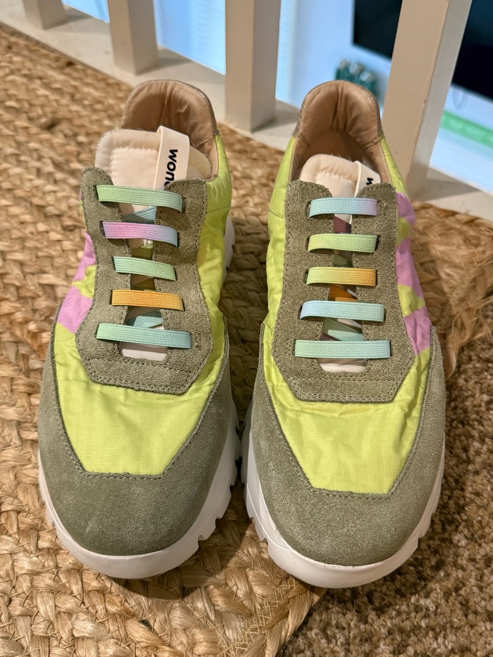Women’s Pastel Lace-Up Athletic Sneakers in Neon Yellow & Olive